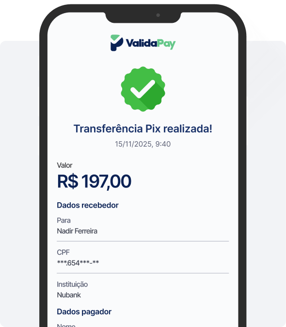 Tela de transferência Pix realizada no app ValidaPay