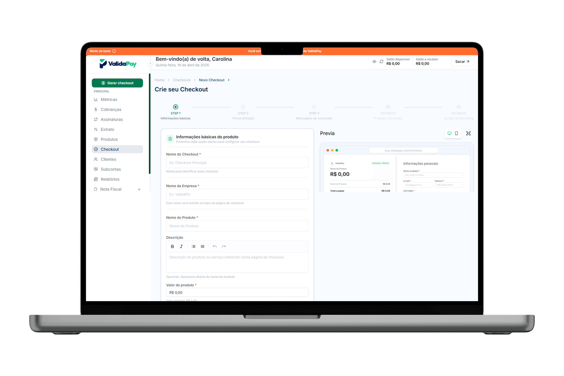 Painel da ValidaPay para criação de um novo checkout