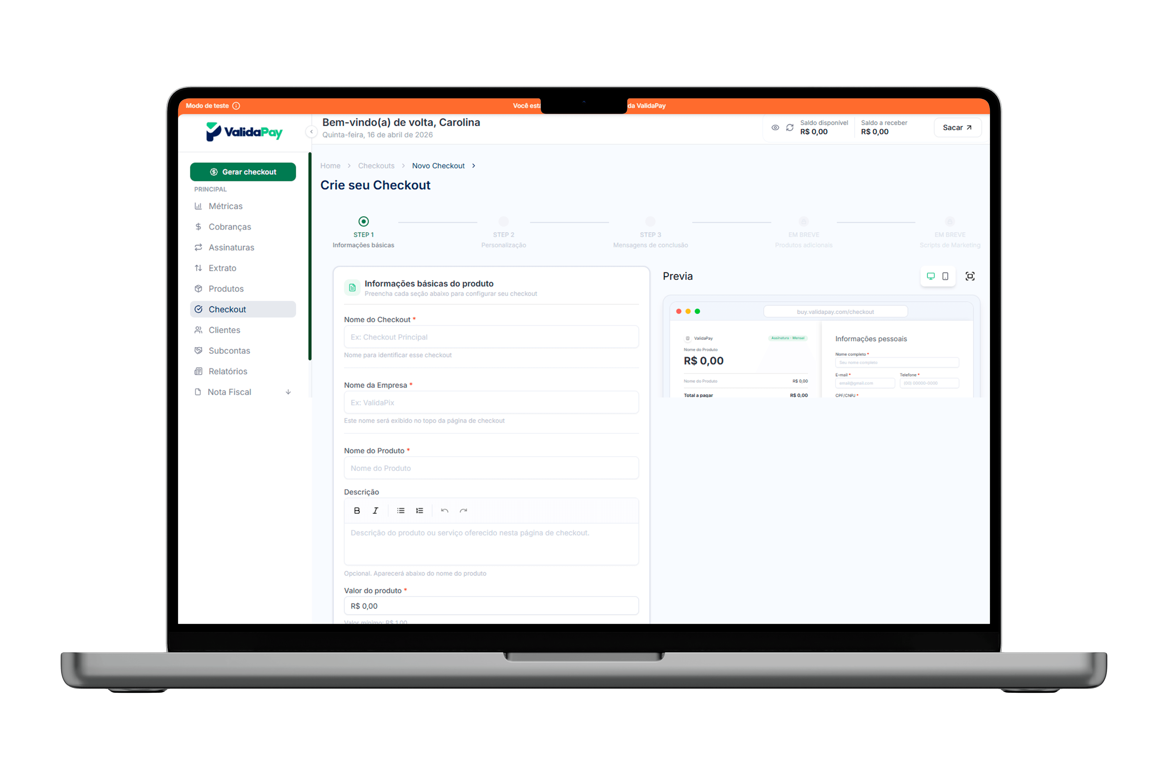 Painel da ValidaPay para criação de um novo checkout