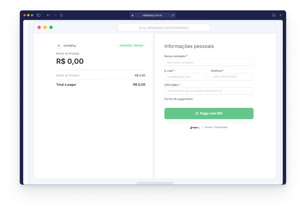 Tela de checkout da ValidaPay com formulário de informações pessoais e pagamento via PIX
