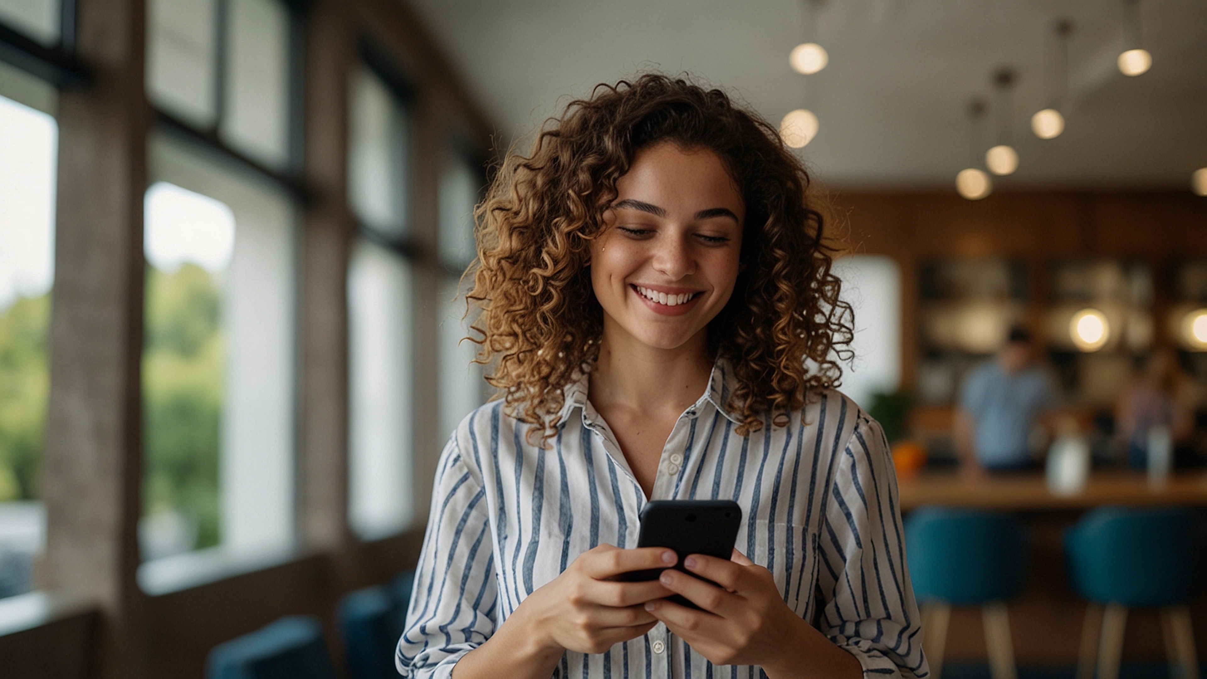 Pessoa sorrindo enquanto verifica notificações no smartphone