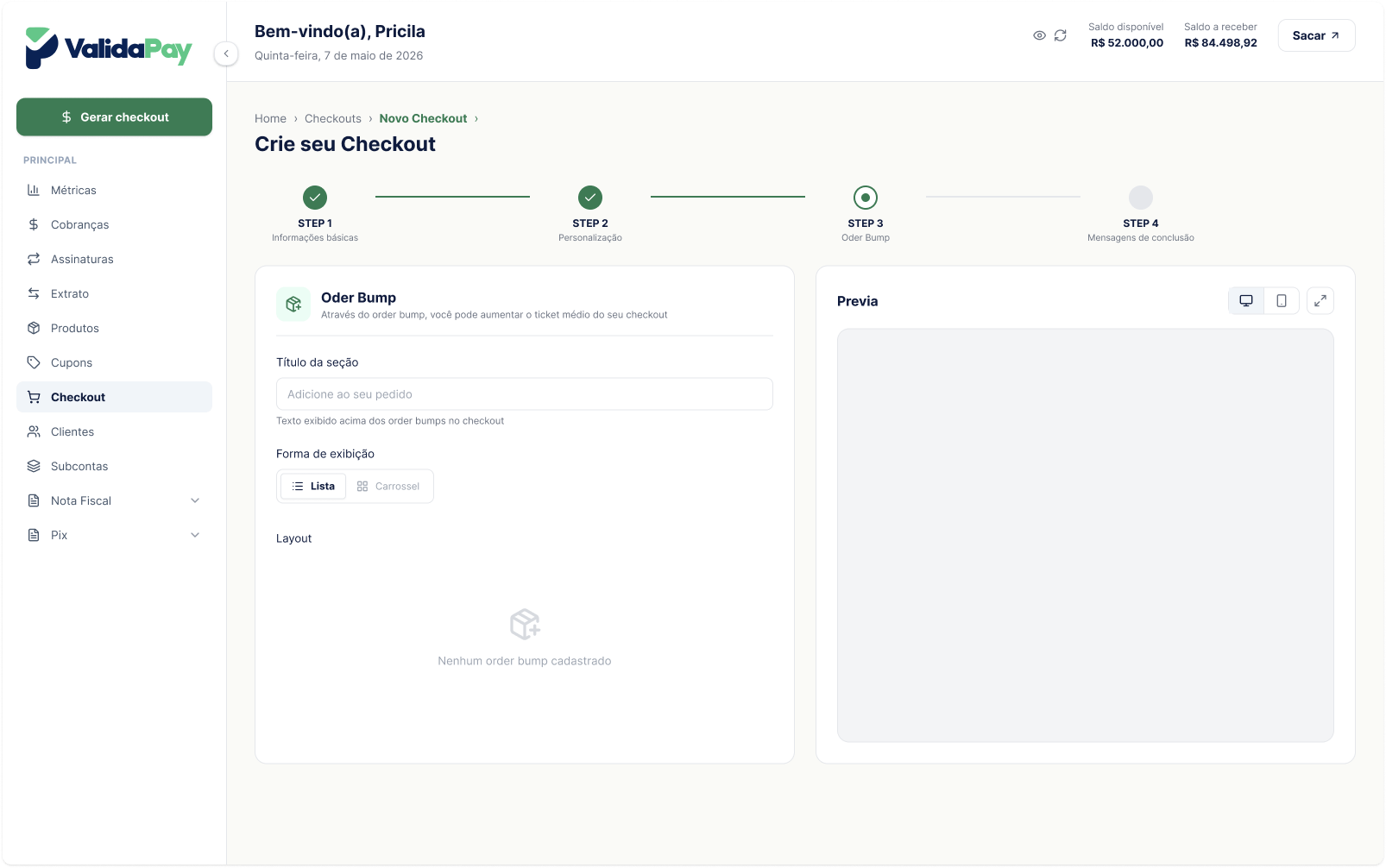 Painel da ValidaPay exibindo a configuração de Order Bump no checkout