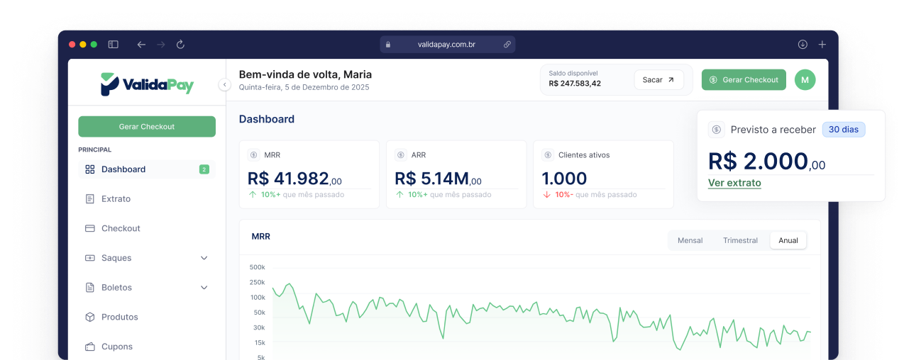 Dashboard ValidaPay - Plataforma de pagamentos recorrentes